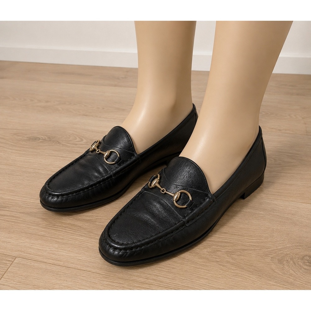 Gucci Horsebit Loafers Black Pebbled Leather Women's Size 38 Made in Italy